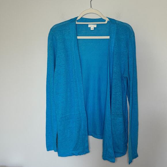 J. Jill 100% Linen Cardigan Womens Medium Open Front Blue Long Sleeve Minimalist - Picture 1 of 11